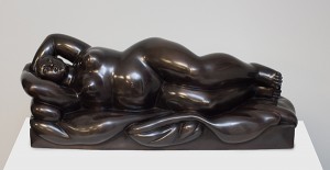 Reclining Woman on a Bed bronze sculpture with brown patina by artist Fernando Botero